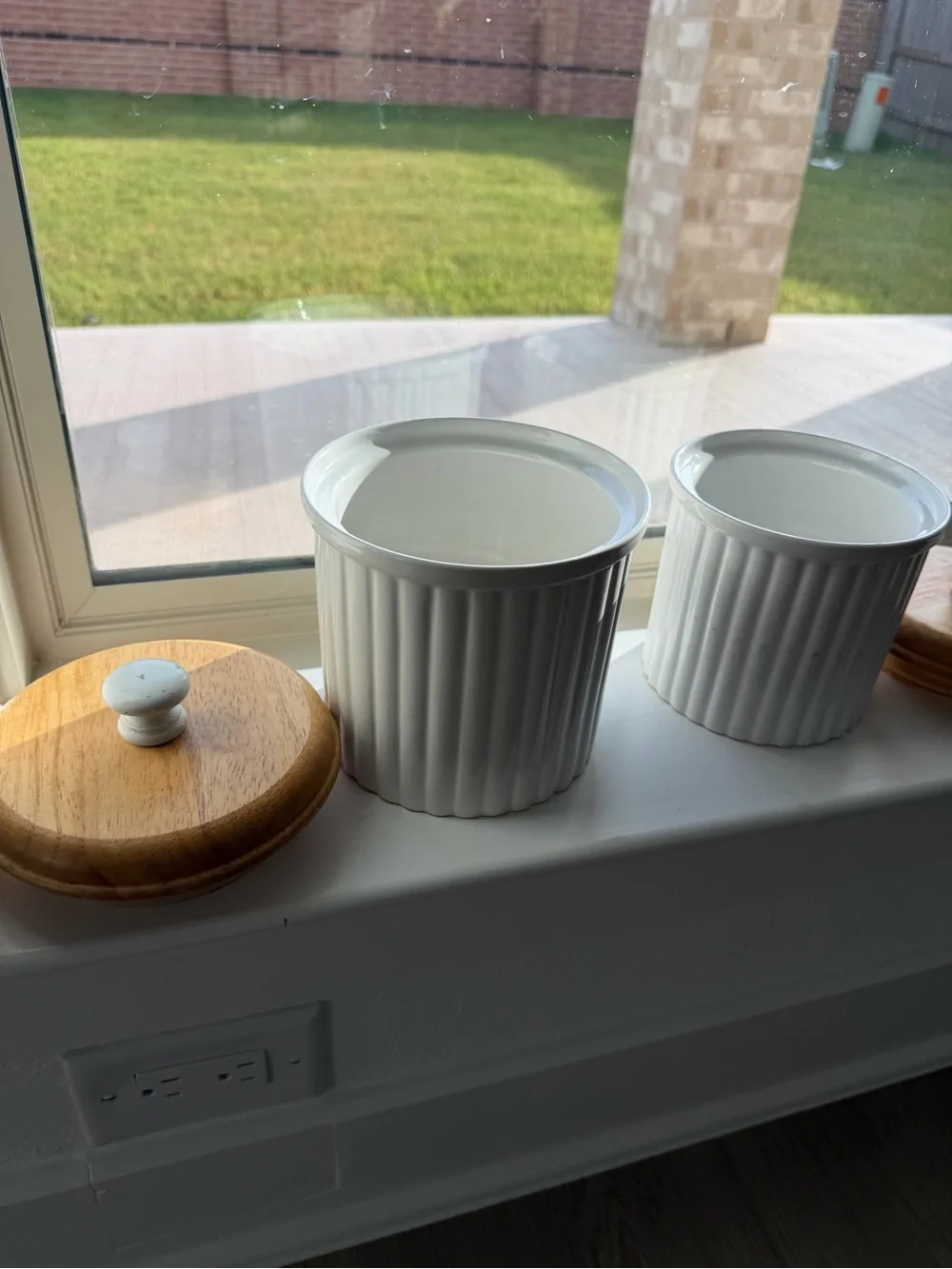Vintage White Ceramic Canisters with Wood Lid - Home Kitchen Storage